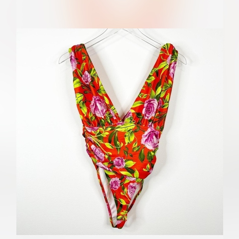 Zara Floral Ruched Draped Bodysuit Red Orange V-Neck Sleeveless Women’s Small - Picture 2 of 9
